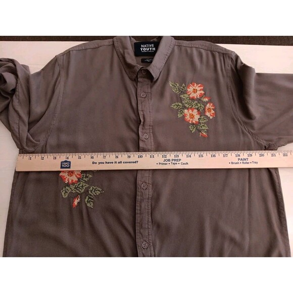 Native Youth Button Up Shirt Women Medium Brown Floral Embroidery Viscose EUC - Picture 7 of 8